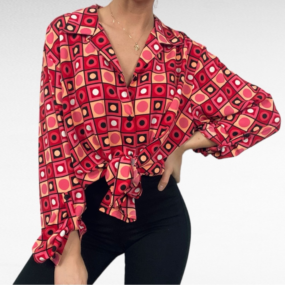 VINTAGE | Notations Colorful Geometric Grid Print Long Sleeve Button Down Shirt